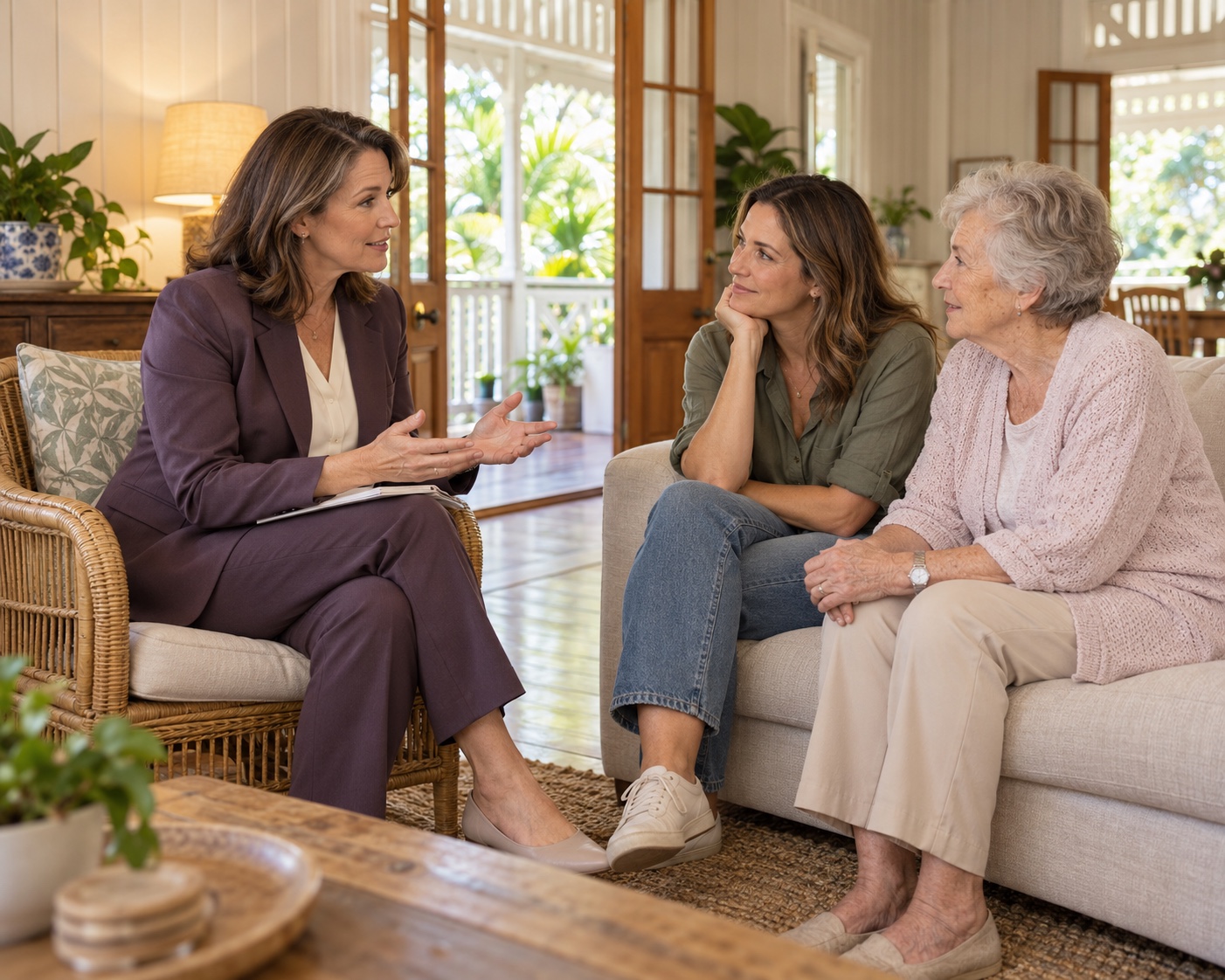 A woman in a plum trouser suit advising two family members in a Queenslander lounge room
